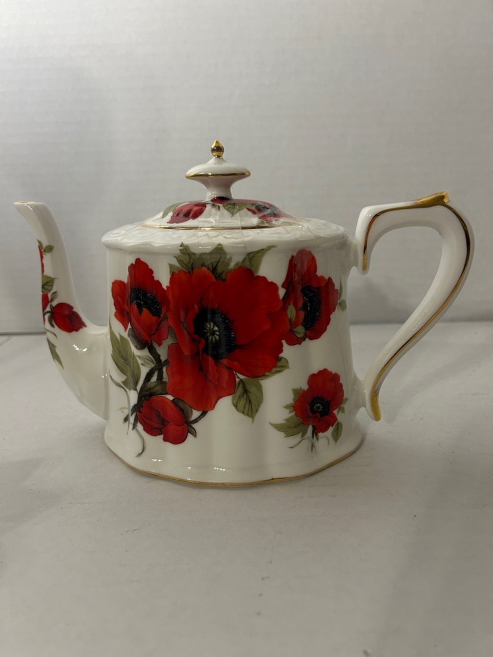 Red Poppy Floral Porcelain Teapot with Gold Trim